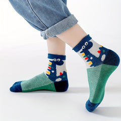 5pairs Boys Kids Cotton Blend Dinosaur Crew Socks Breathable Spring Summer