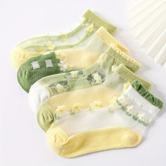 5 Pairs Girls Floral Ice Silk Short Crew Socks For Kids