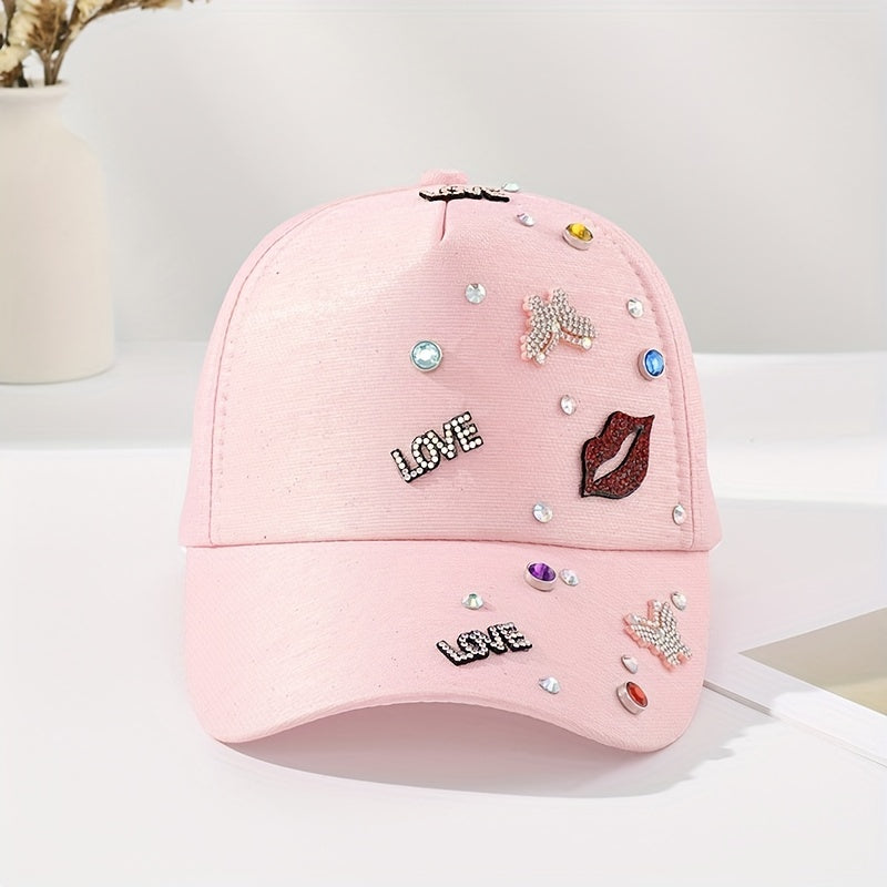 Pink Butterfly Patch Baseball Cap Rhinestone Decor Y2K Dad Hat