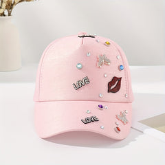 Pink Butterfly Patch Baseball Cap Rhinestone Decor Y2K Dad Hat
