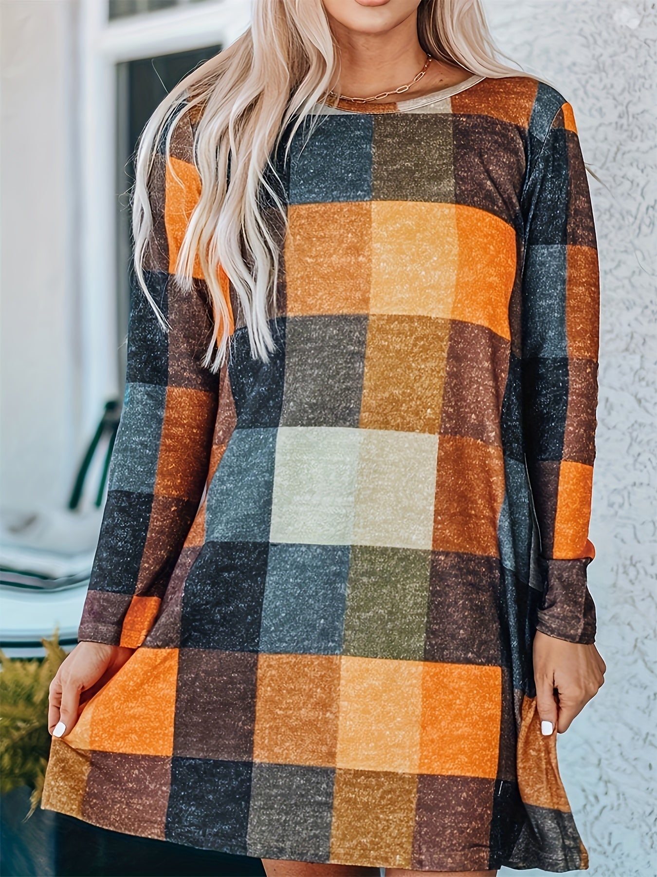 Plaid Print Mini Dress Long Sleeve Casual Crew Neck