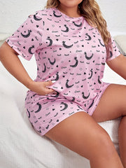 Moon & Eyelash & Heart Print Tee & Shorts Pajama Set