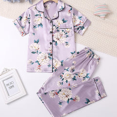 2pcs Girls Pajamas Flowers Print Button Short Sleeve Top & Pants Set