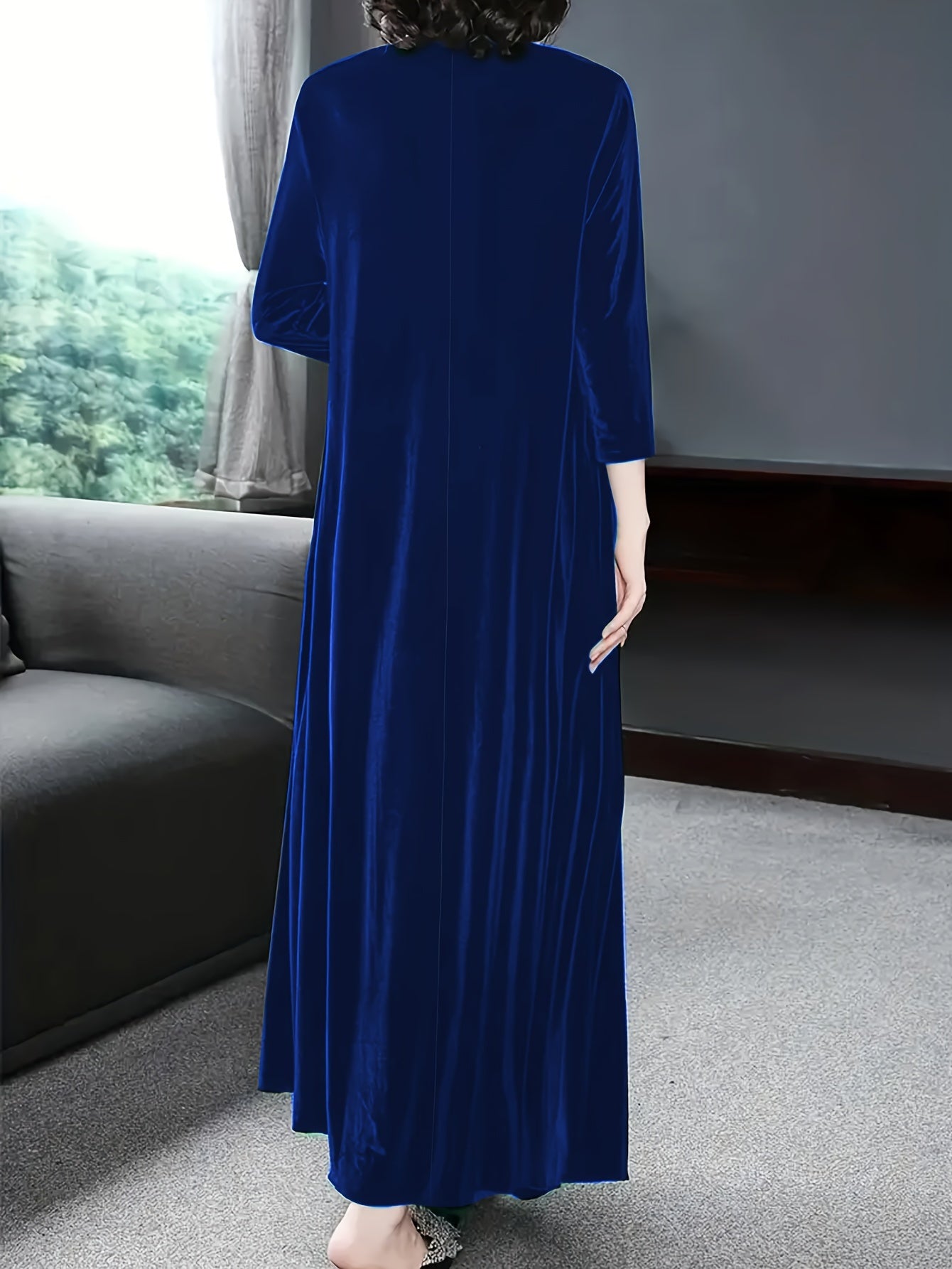 Solid Velvet Long Sleeve Maxi Dress With Pockets