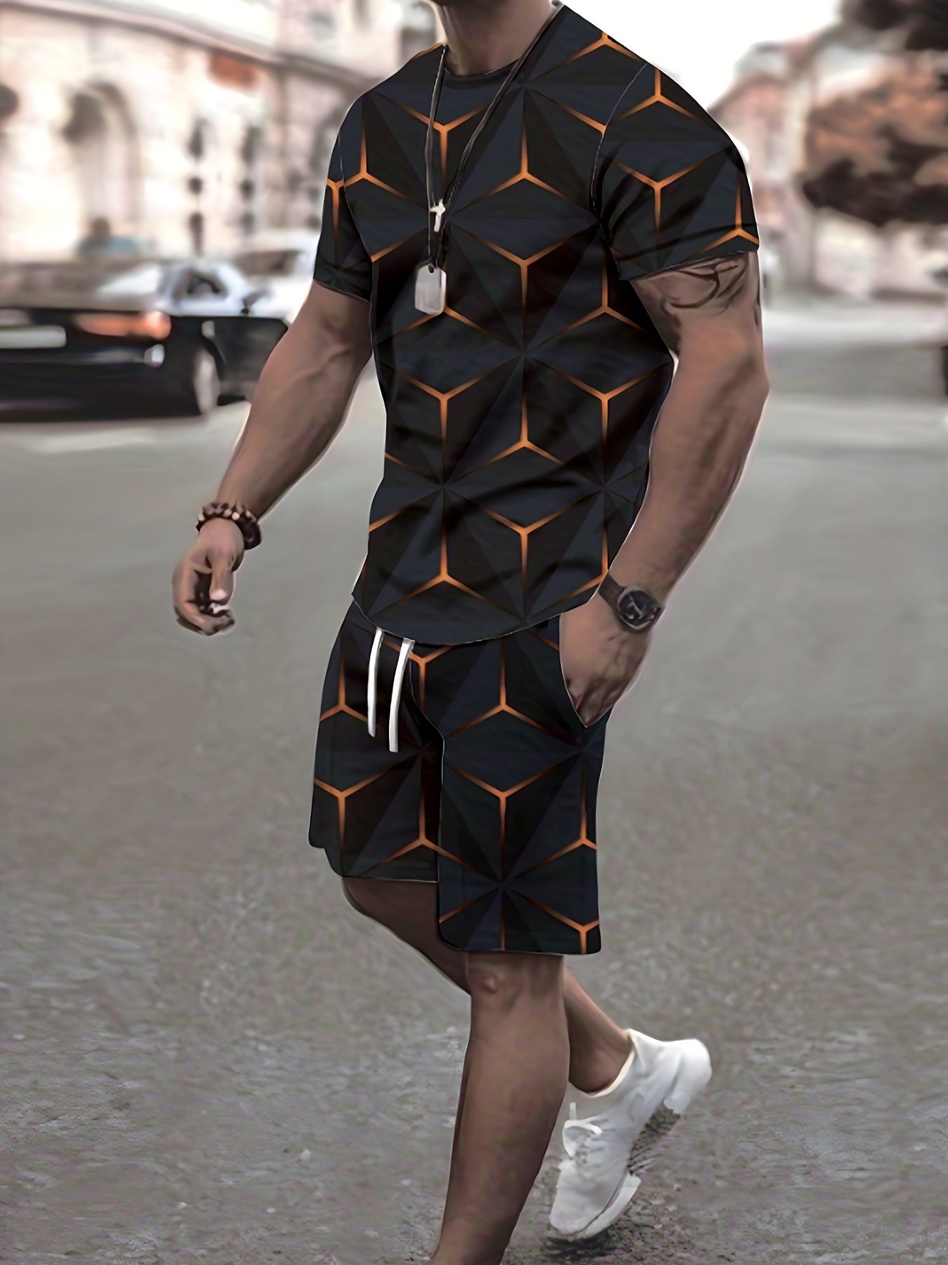 Men's 2 Piece Outfits 3D Pattern T-Shirt & Drawstring Shorts Set
