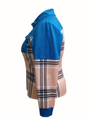 Women's Plus Colorblock Plaid Print Button Up Shirt Top