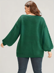 Plus Size Casual Sweater Women's Plus Solid Cable Lantern Sleeve V Neck Jumper