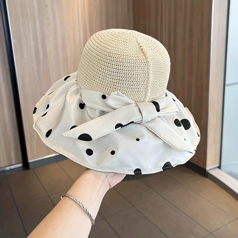 Polka Dot Print Bucket Hat Bow Decor Wide Brim Travel Beach Hats