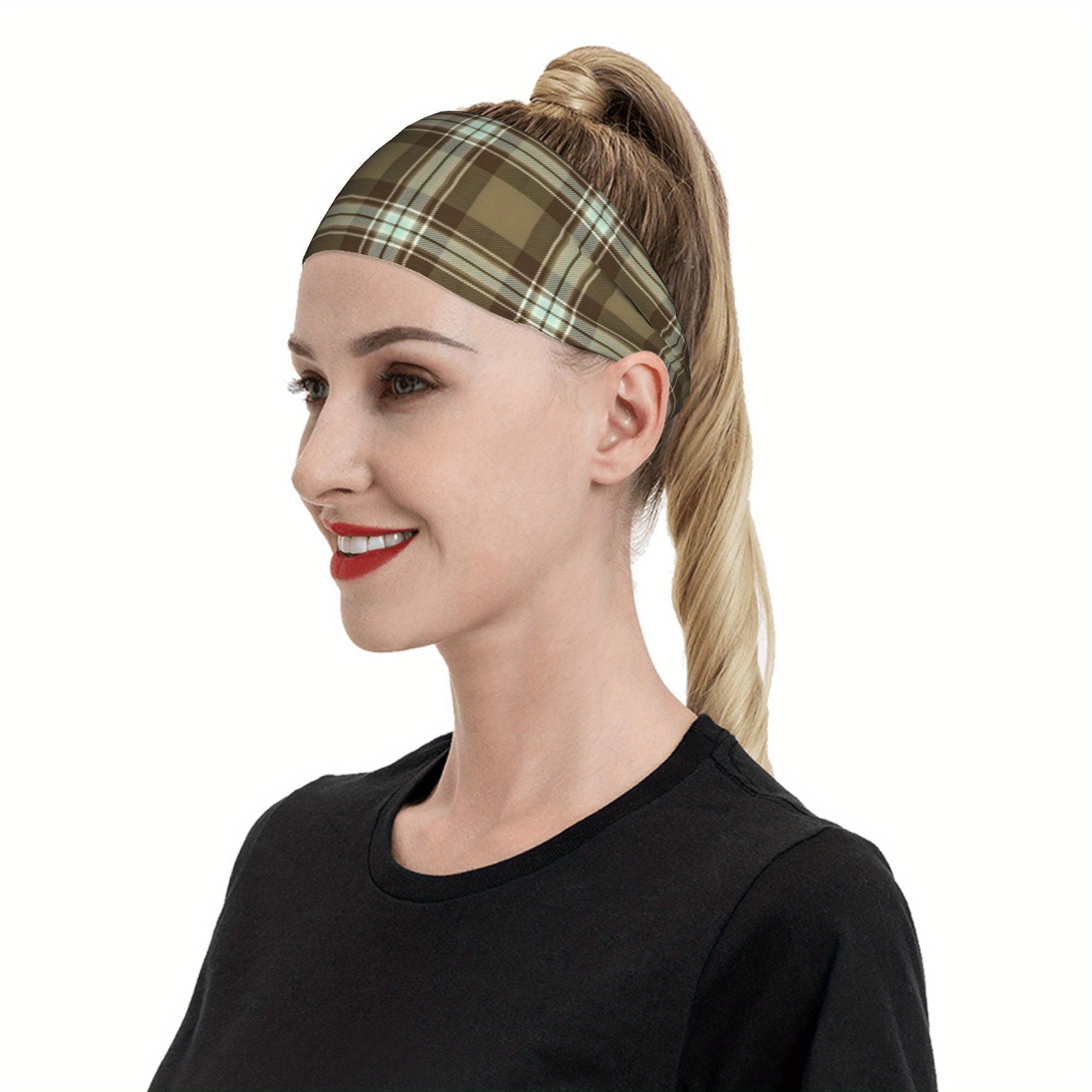 Vintage Plaid Headband Earthy Brown Teal Grid for Sports & Casual Outfits