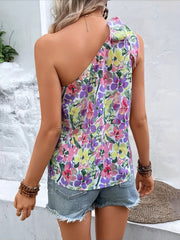 Floral Print One Shoulder Top Boho Summer Knot Sleeveless Top Women