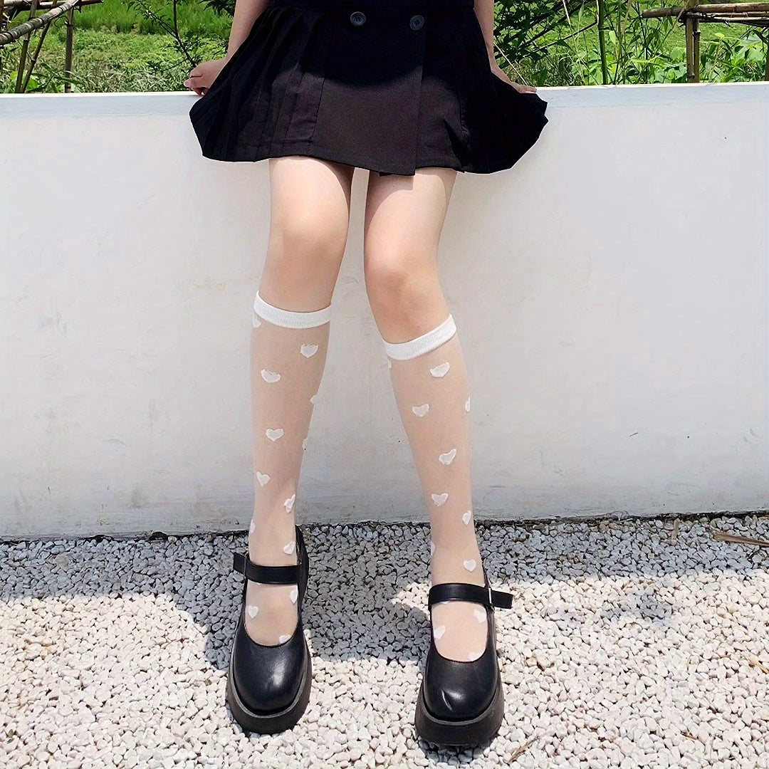 Heart Print Mesh Calf Socks Knee High Stockings Sweet & All match