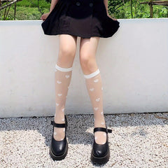 Heart Print Mesh Calf Socks Knee High Stockings Sweet & All match