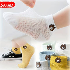 5 Pairs Boys Bear Print Short Socks Cotton Mesh Breathable Ankle Socks