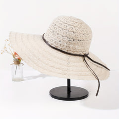 Striped Lace Sun Hat Wide Brim Hollow Straw UV Protection Travel Beach Hat