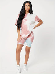 Casual Tie Dye Two-piece Set Short Sleeve Crew Neck Top & Leggings