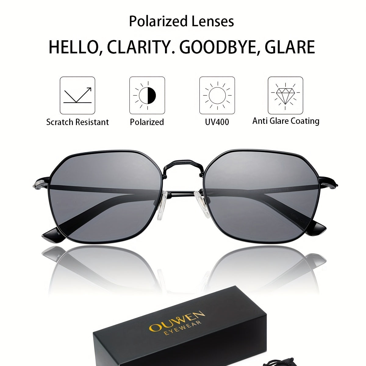 OUWEN Polarized Polygon Sunglasses Unisex Full Frame Aviator Glasses