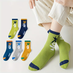 5 Pairs Boys Letter Pattern Crew Socks Cotton Blend Casual Style