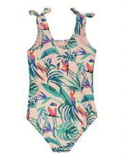 Girl's Parrot Pattern Onesie Swimsuit Bowknot Tankini