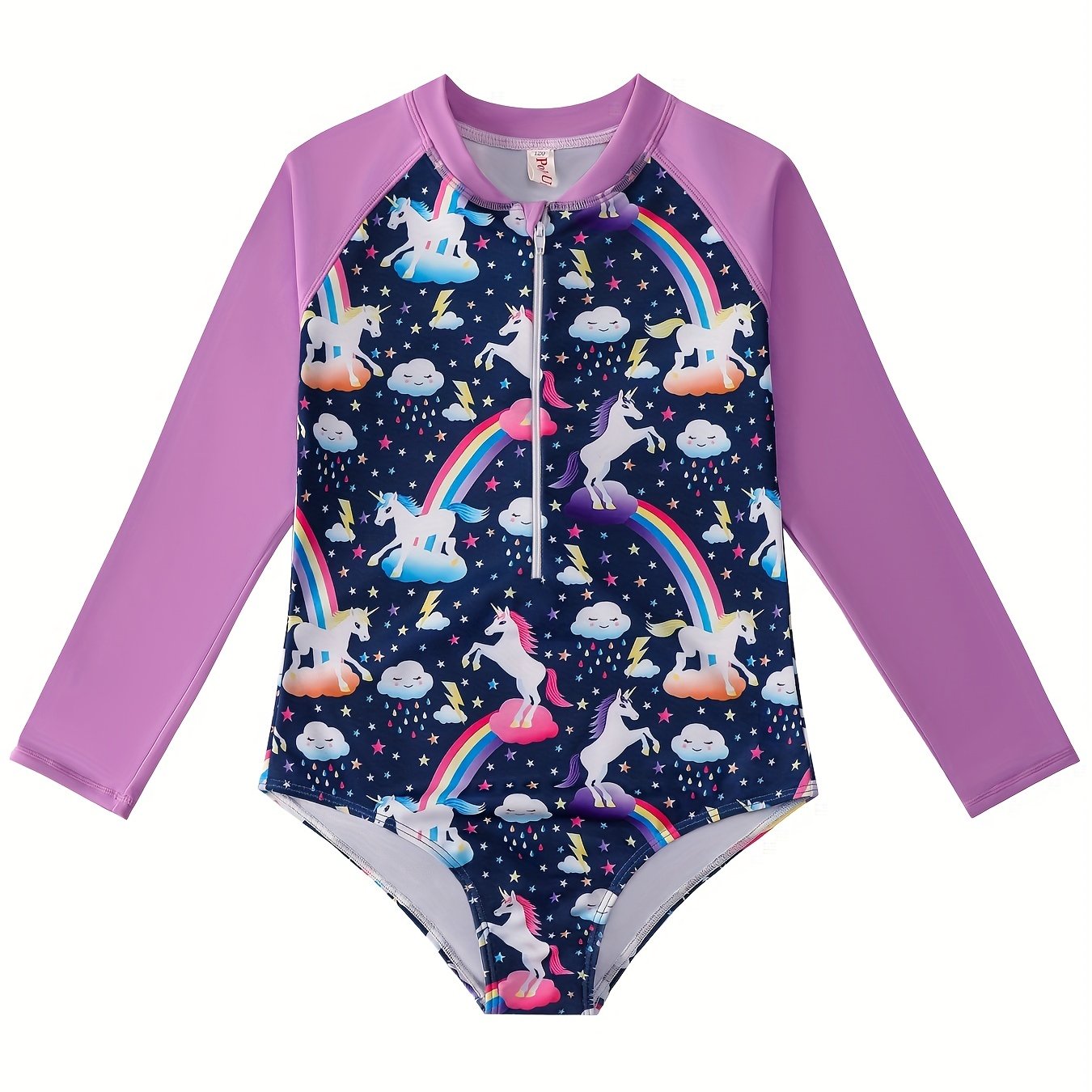 Pony Print Long Sleeve Girls' Swimsuit for Vacation