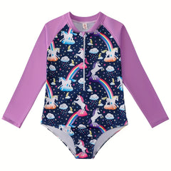 Pony Print Long Sleeve Girls' Swimsuit for Vacation