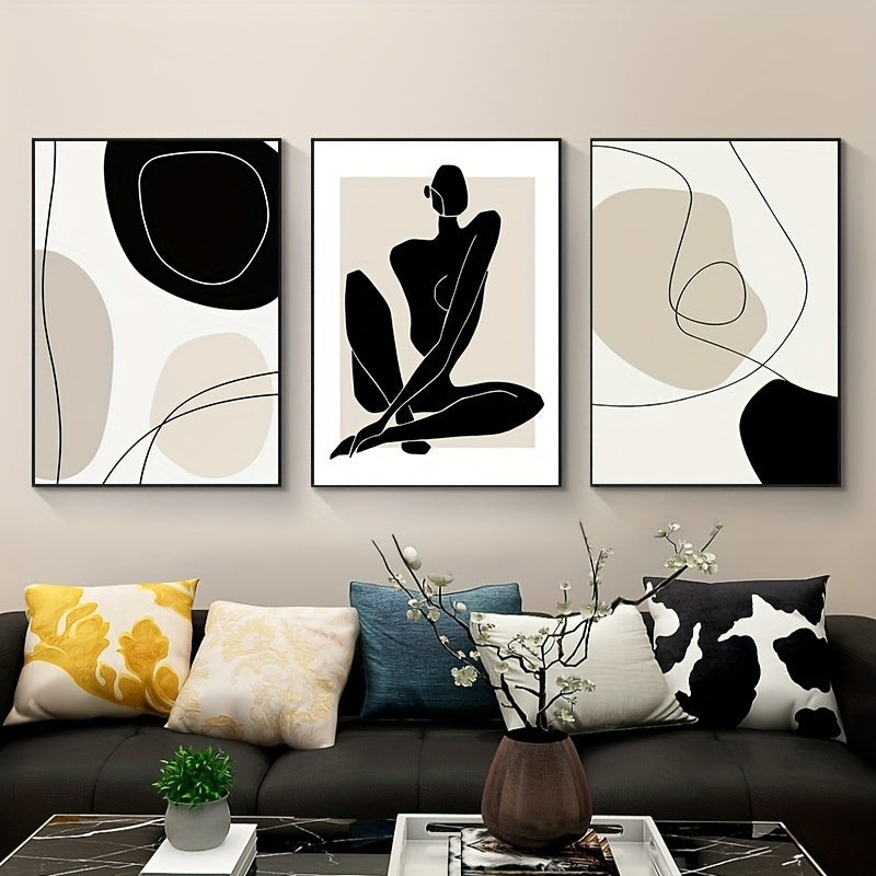 Set Of 3 Boho Matisse Canvas Poster Beige Abstract Line Art Canvas Paintings