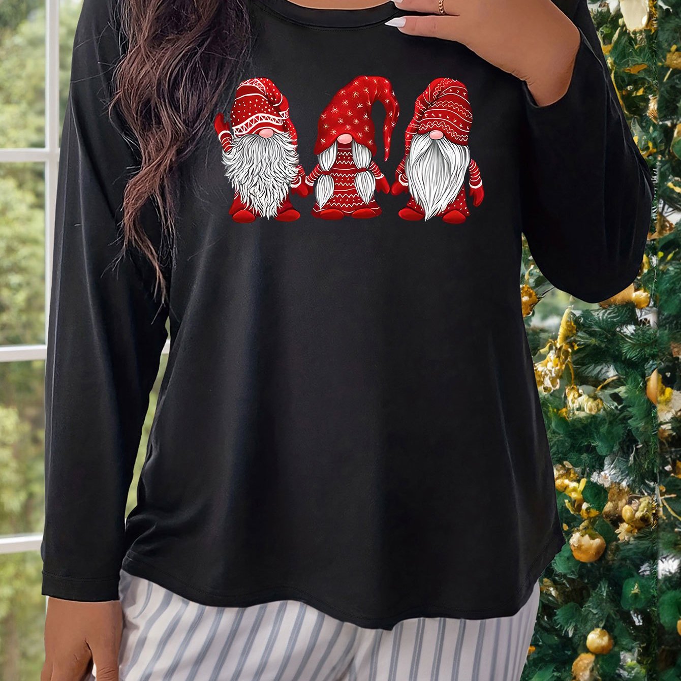 Women's Plus Size Gnomes Graphic Long Sleeve Round Neck Sleepwear Top