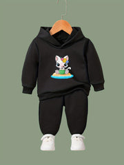 Cartoon Cat & Coconut Print Hoodie & Pants Set, Girl's Sporty Clothes