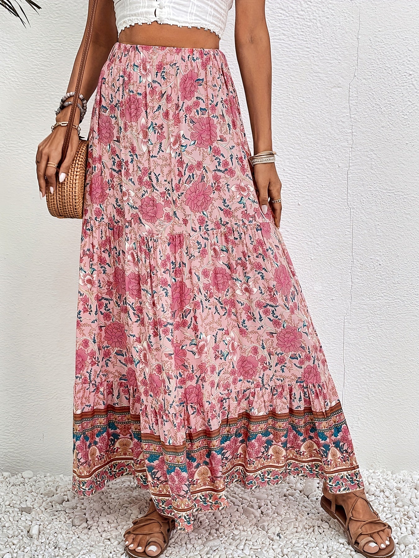 Floral Print Drawstring Waist Skirt Boho Skirt For Spring & Summer