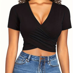 Women's Wrap Crop Tops V Neck Athletic Gym Shirts