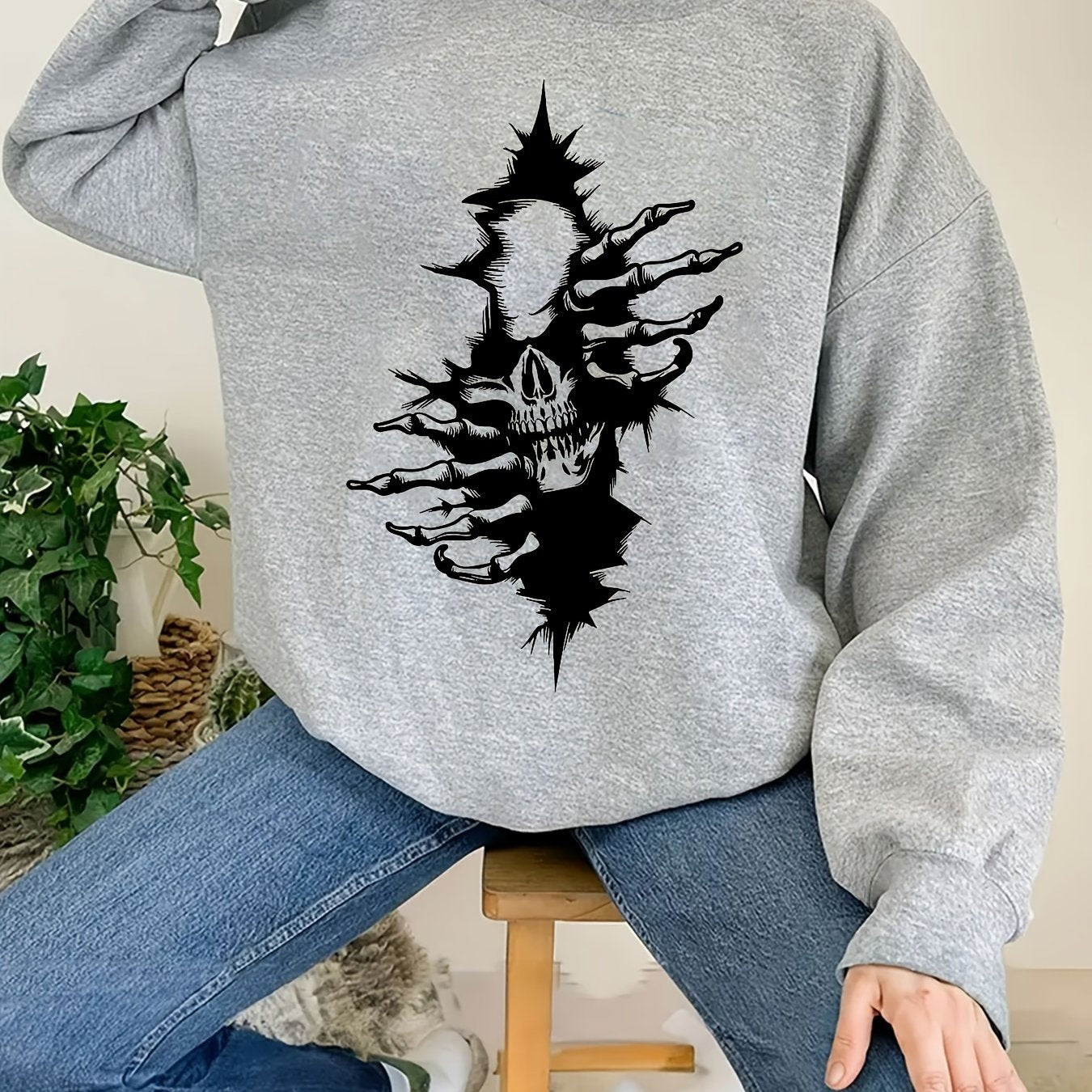 Halloween Skull Print Sweatshirt Long Sleeve Crew Neck Women's Clothing