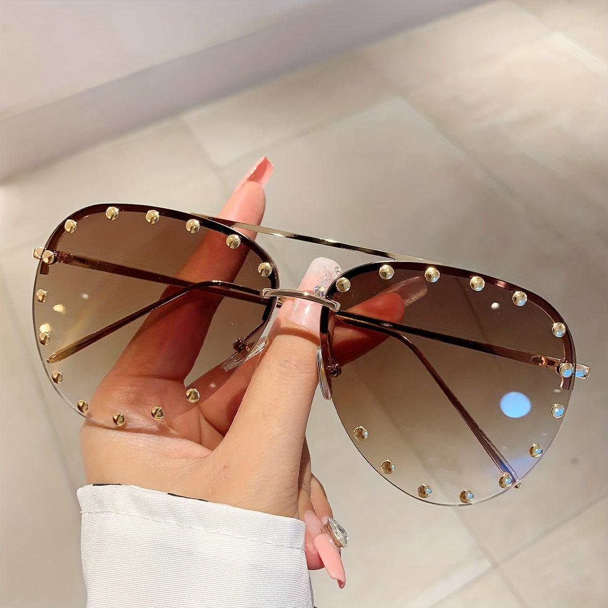 Double Bridge Rimless Sunglasses Aviator Ombre UV400 Sun Shades