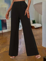 Solid Wide Leg Pants Elastic Waist Long Length