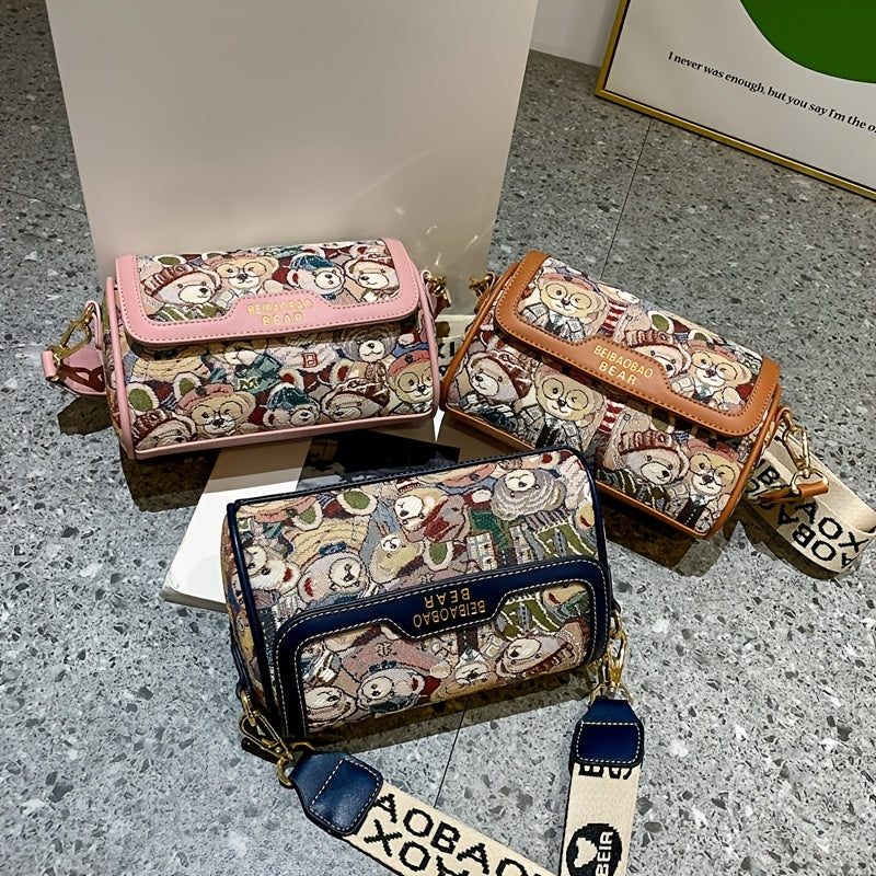 Small Bear Jacquard Shoulder Bag Cartoon Flap Cylinder Purse