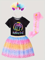Girl's Birthday Outfit 4pcs Tutu Skirt & T shirt & Headband & Birthday Ribbon