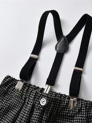 Boys Gentleman Outfit Short Sleeve Bowtie Shirt & Suspender Plaid Shorts Set