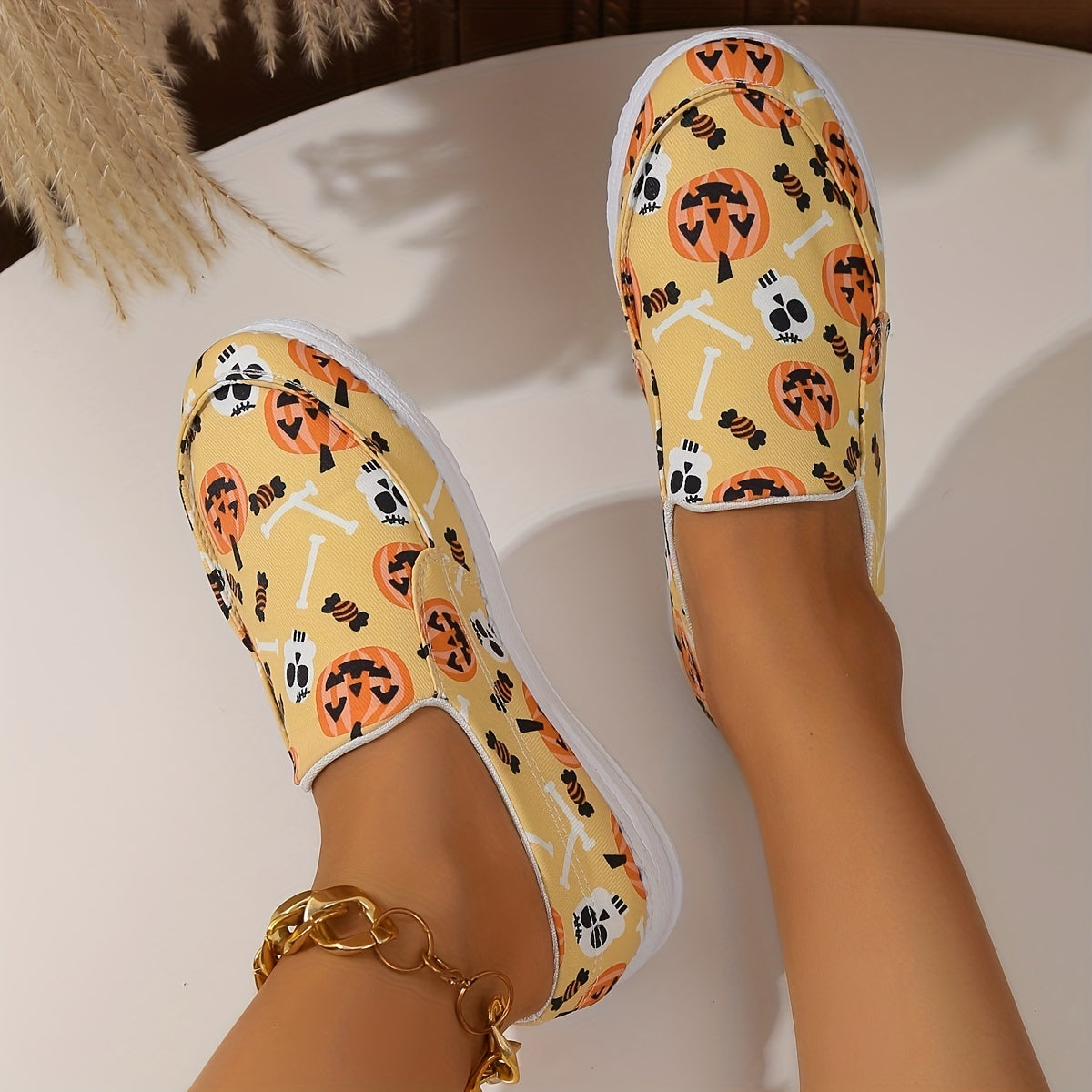 Skull & Pumpkin Print Slip-On Sneakers for Women