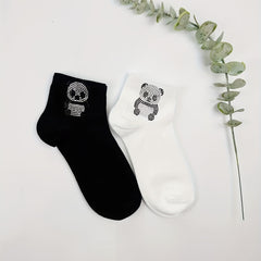 Panda Rhinestone Decor Socks Crew Short Women's Stockings