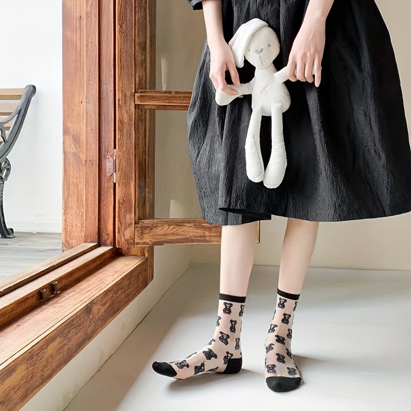 Cartoon Bear Print Sheer Mesh Socks Women's Stockings