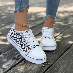 Leopard Print Canvas Sneakers Women Casual Lace Up Low Top Shoes