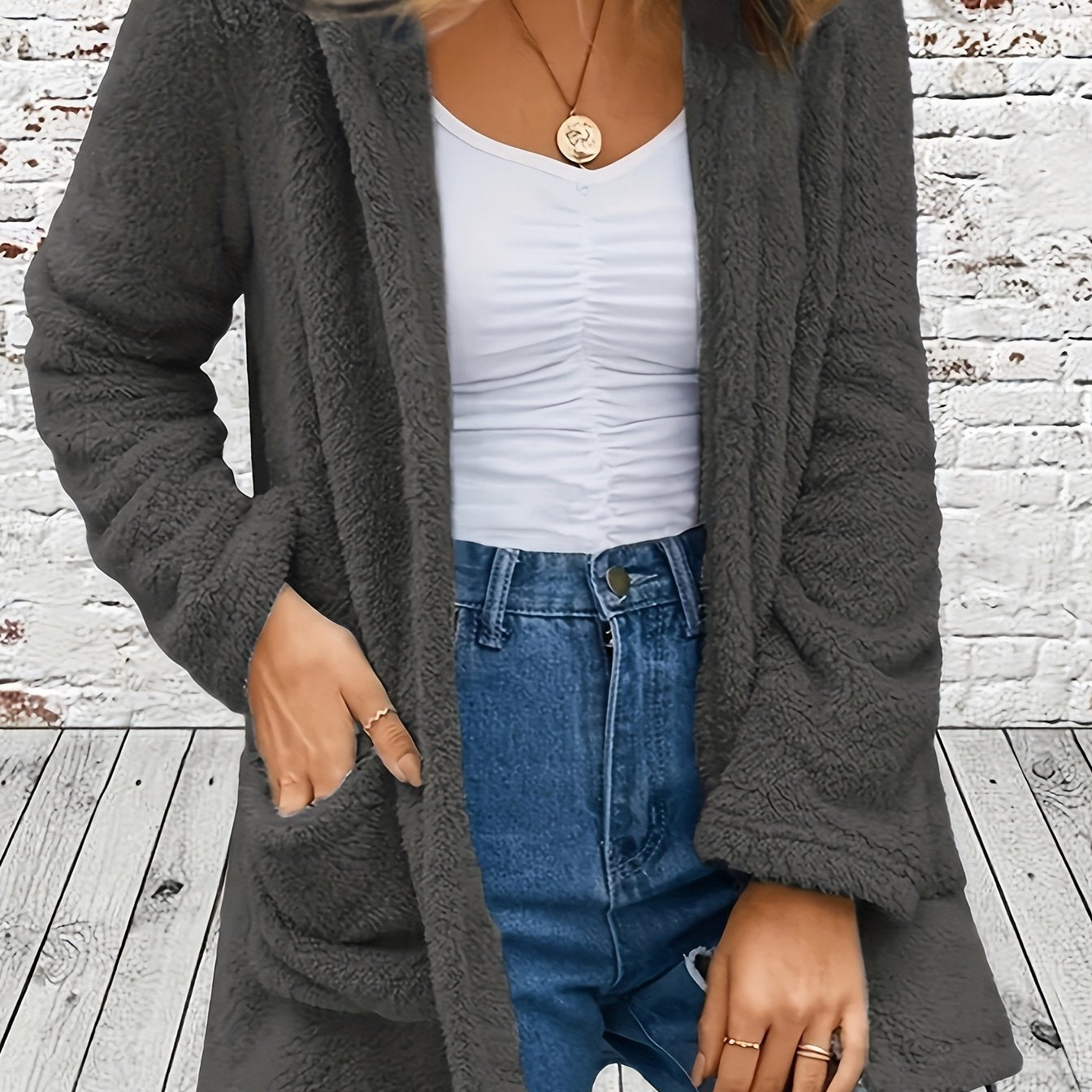Solid Teddy Coat Casual Open Front Long Sleeve Warm Outerwear