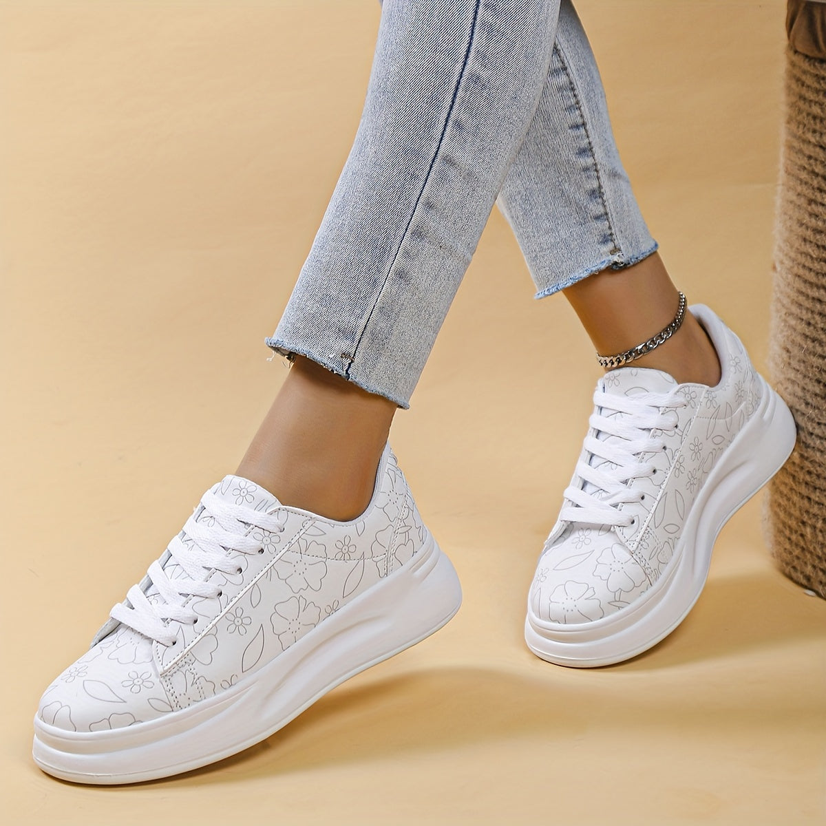 Women's Floral Print Flat Shoes Lace Up Low Top Sneakers
