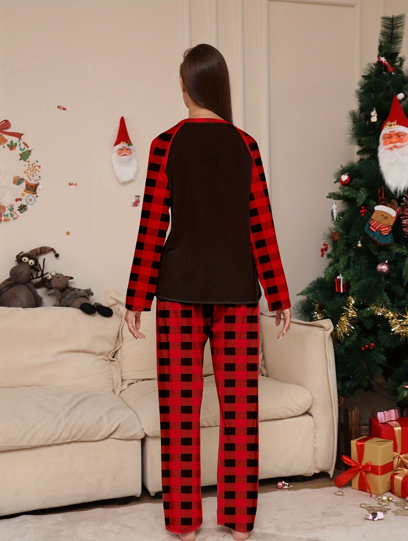 Christmas Pajama Set Long Sleeve Top & Plaid Pants Women's Sleepwear