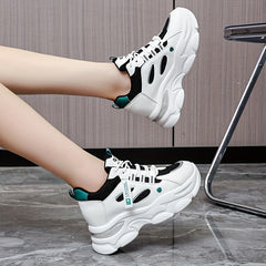 Women's Chunky Sneakers Hidden Heel Breathable Lace-up Comfy Thick Bottom Shoes