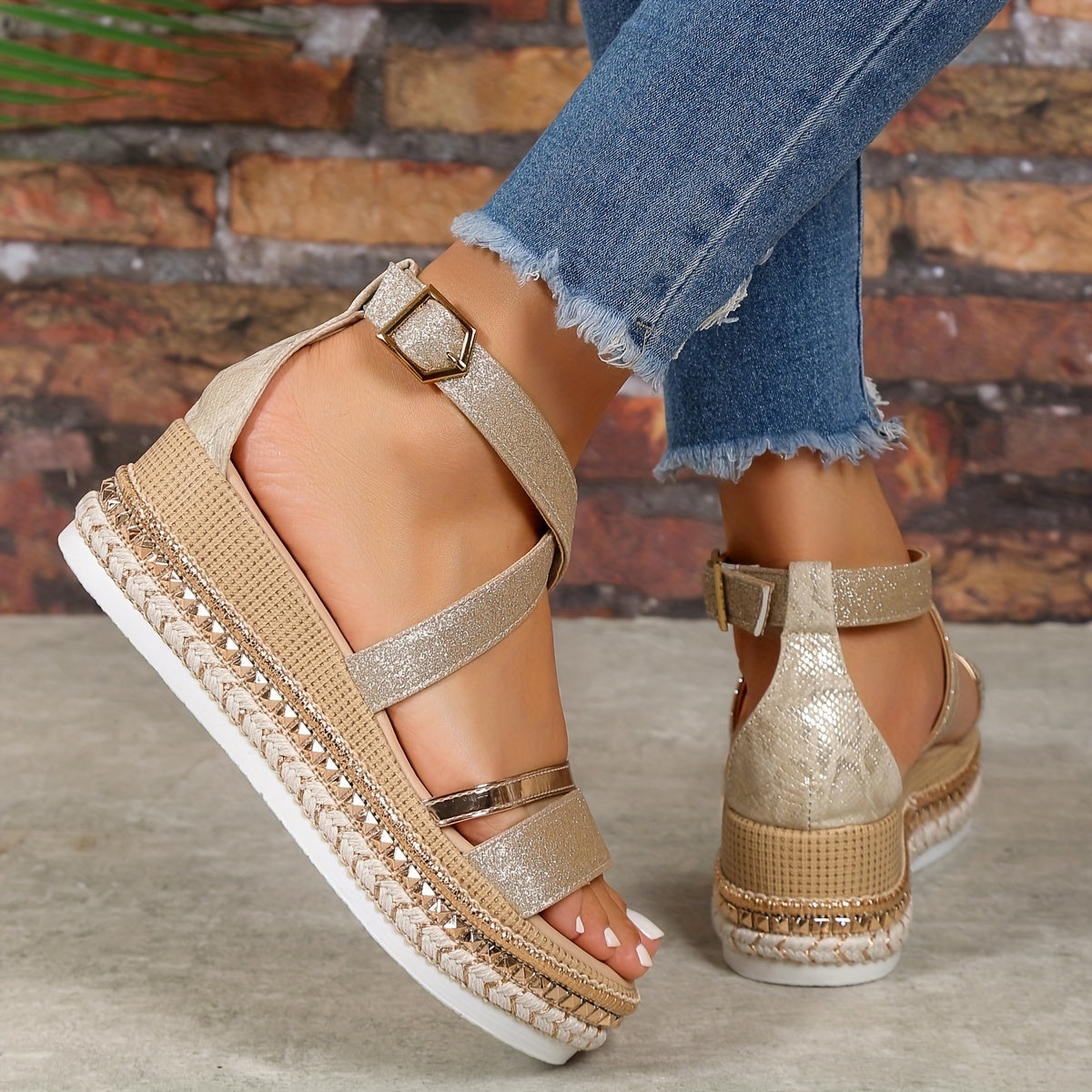 Glitter Platform Espadrille Sandals Cross Ankle Strap Wedge Sandals
