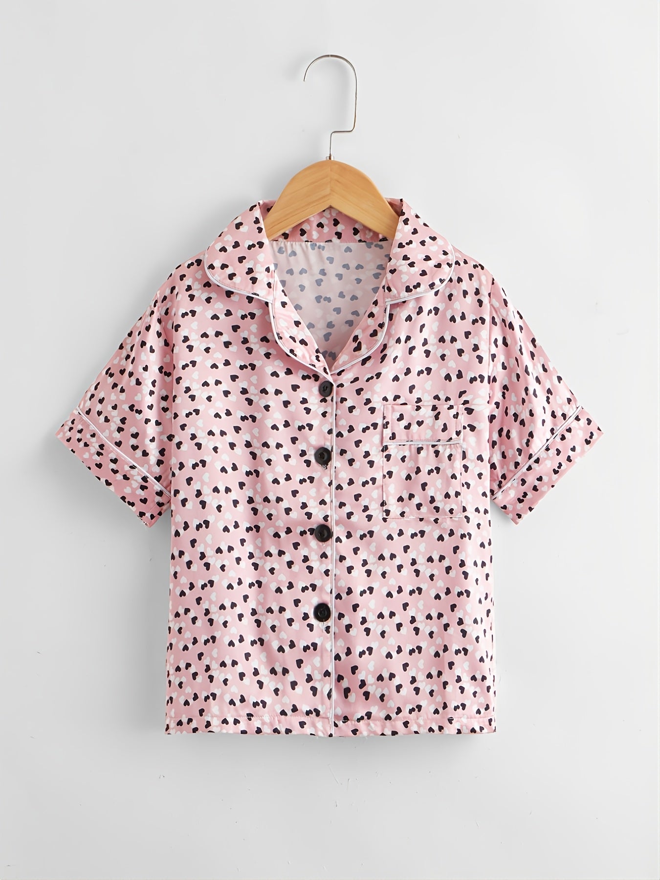Girls' Pink Love Lapel Pajama Set, Short Sleeve Pants