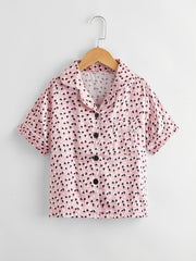 Girls' Pink Love Lapel Pajama Set, Short Sleeve Pants