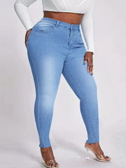 Washed Button Fly Lip Print High Rise Skinny Jeans