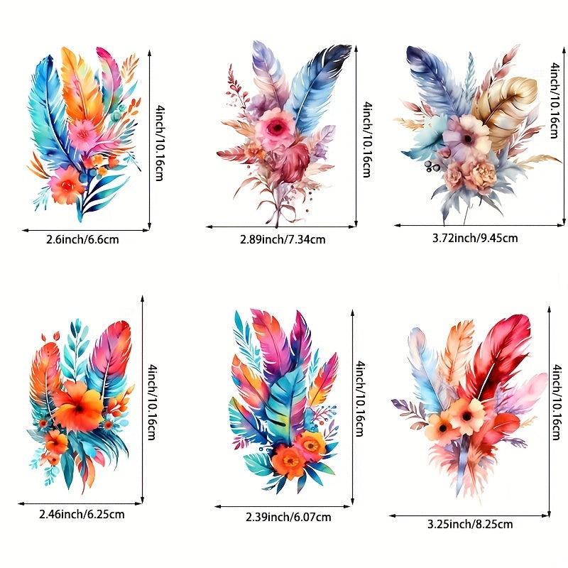 6pcs Watercolor Feather Iron on Transfer Stickers