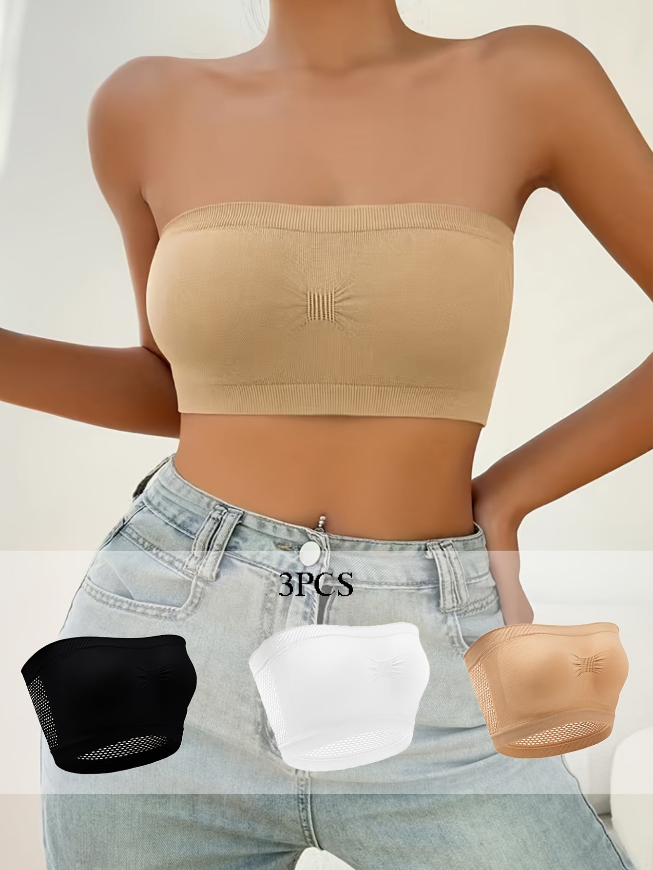 3pcs Strapless Bandeau Bras Comfy & Soft Cut Out Stretch Bra