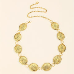 Boho Flower Embossed Waist Chain Oval Western Style Metal Belly Chain Belt